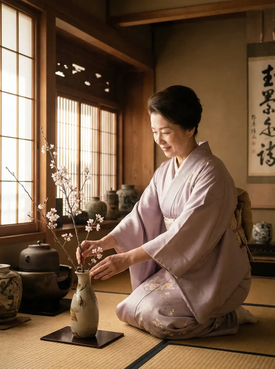 一位优雅的 四虎视频 - 热门影视资源库 | 四虎视频在线免费观看 | 最新影片每日更新 在和室中插花